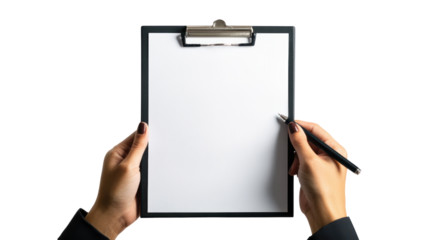 A close-up of hands holding a clipboard with a blank sheet, ideal for illustrating concepts of planning, organization, or note-taking in a professional setting.