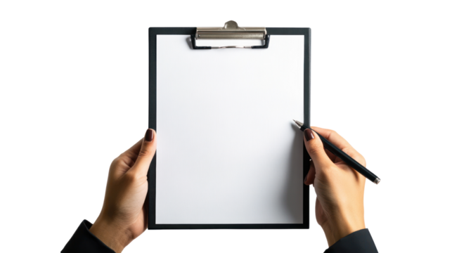 A close-up of hands holding a clipboard with a blank sheet, ideal for illustrating concepts of planning, organization, or note-taking in a professional setting.