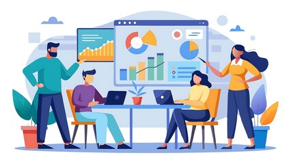 A flat illustration of a diverse team engaged in a data analysis and presentation session