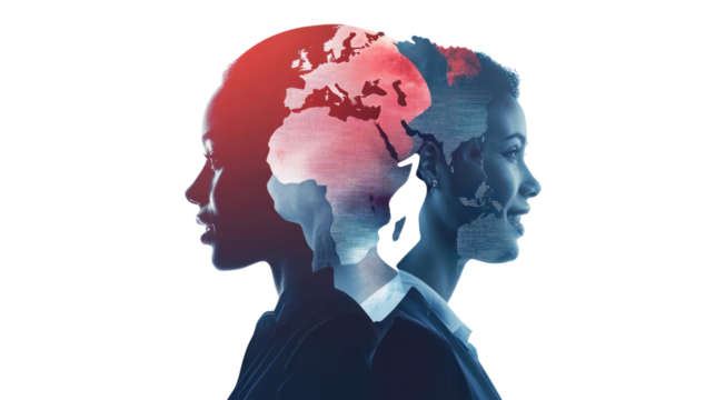 A conceptual image displaying two profiles intertwined with a world map, symbolizing connectivity, diversity, and global communication.