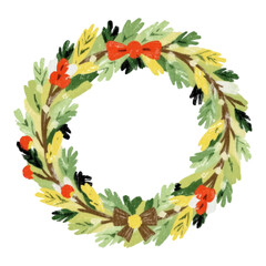 Illustration of a Festive Christmas Wreath Isolated on White Background.