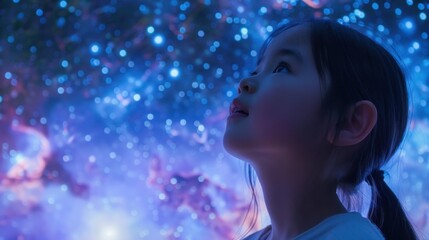 Enchanting Young Girl Gazing in Awe at Beautiful Starry Sky with Vibrant Colors and Dreamlike Atmosphere