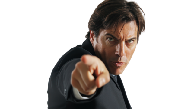 A confident businessman pointing forward, conveying determination and leadership. Ideal for themes of motivation, guidance, and professional success.