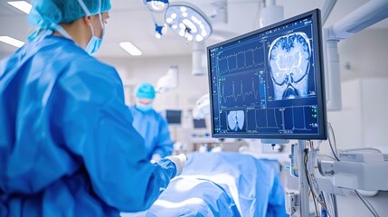 A medical professional in blue surgical attire monitors a screen displaying a brain scan in a sterile operating room.