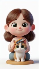 Cute girl grooming cat indoor home environment digital art playful scene cheerful mood
