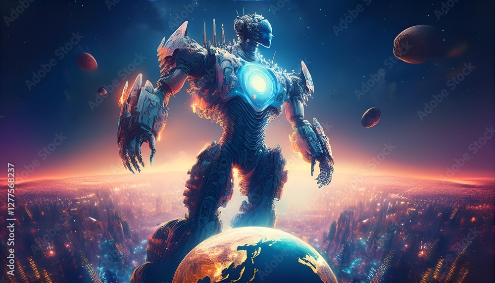 Poster big robot appeared on world controlled by artificial intelligence, concept art