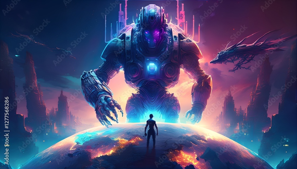 Aufkleber single man standing on the futuristic world controlled by artificial intelligence robot