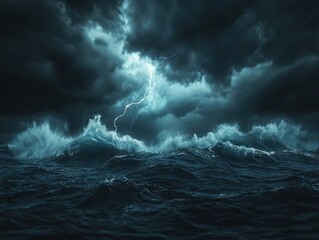 Obraz premium Stormy waves and lightning showcase nature's fury at sea dramatic scene dark atmosphere captivating view