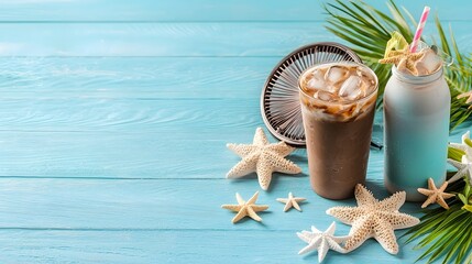 A stylish arrangement of a portable hand fan sunblock spray and iced coffee on a beachside table capturing the essence of summer relaxation and cooling comfort