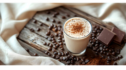 Delicious Creamy Latte with Chocolate on Rustic Wooden Table Surrounded by Coffee Beans and Cocoa Powder in a Cozy Atmosphere