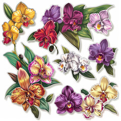 Colorful orchid flowers in various shades and styles, showcasing their beauty and diversity. These vibrant floral designs are perfect for decoration and artistic projects