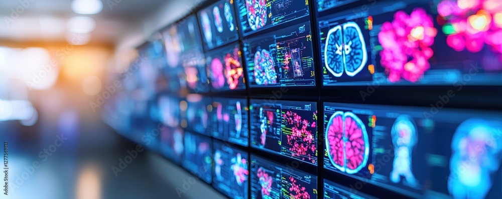 Poster a vibrant display of brain scans on multiple screens, showcasing intricate neurological patterns in 