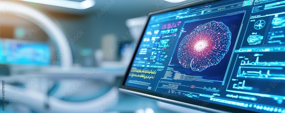 Poster a futuristic screen displays complex data visuals, highlighting technology and scientific analysis i