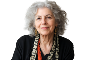 Senior woman portrait, confident smile, neutral background, possible use for website header or social media