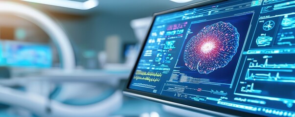 Fototapeta premium A futuristic screen displays complex data visuals, highlighting technology and scientific analysis in a modern lab environment.