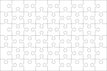 Jigsaw puzzle blank template or cutting guidelines of 54 transparent pieces. Classic style pieces are easy to separate (every piece is a single shape). No acute angles.
