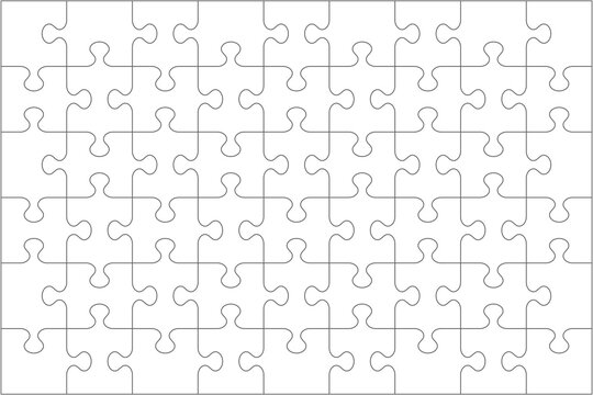 Jigsaw puzzle blank template or cutting guidelines of 54 transparent pieces. Classic style pieces are easy to separate (every piece is a single shape). No acute angles.
