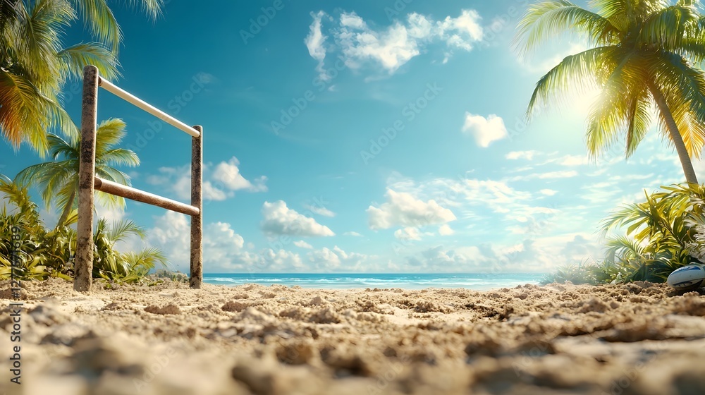 Poster sunlit beach rugby field with goalposts and slightly uneven sandy surface providing ample copy space