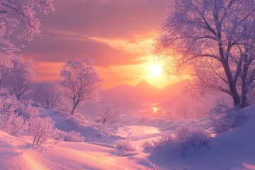 Obraz premium Snow-covered landscape at sunset, pink hues dominate the scene. Ideal for winter, nature, and serenity themes, evokes calm and peace.