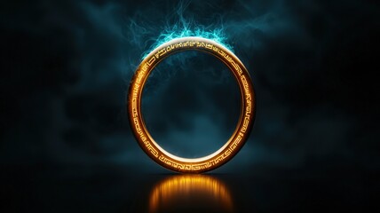 A mystical golden ring levitating mid-air, ancient glowing runes carved into its surface, surrounded by ethereal blue energy, dark fantasy atmosphere, ultra-detailed cinematic shot