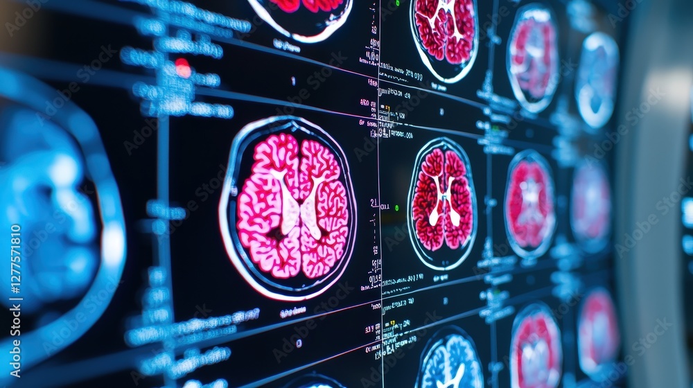 Poster a series of brain scans displayed on a digital screen, highlighting various regions in vibrant color