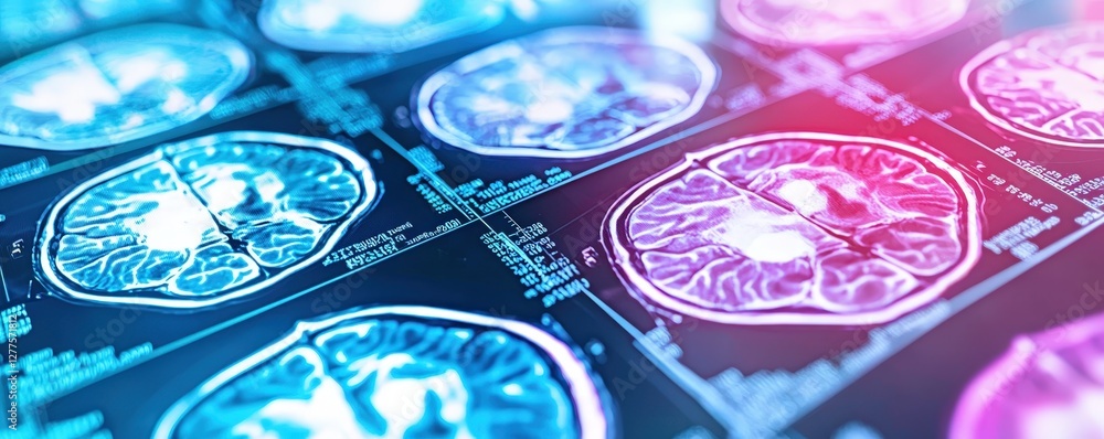 Poster a colorful medical imaging scan displaying multiple brain mri slices, showcasing detailed neurologic