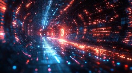Obraz premium Futuristic digital tunnel with glowing lights and data streams, creating a sense of motion