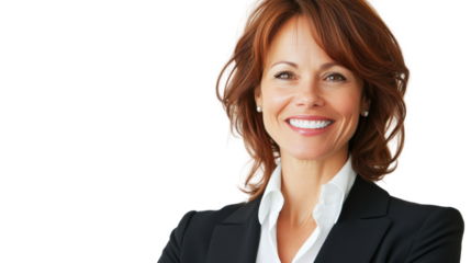 A confident businesswoman smiling warmly at the camera, exuding professionalism and approachability in a stylish suit, ideal for corporate use.