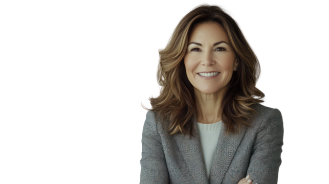 A confident businesswoman smiles warmly with arms crossed, embodying professionalism and approachability in a corporate environment.