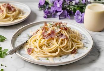 rich carbonara pasta with parmesan and pancetta
