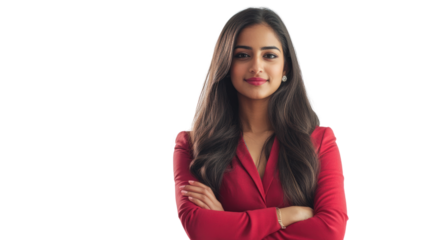 A confident businesswoman stands with her arms crossed, exuding professionalism and determination in a stylish red blazer. Perfect for empowerment themes.