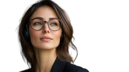 A confident businesswoman with glasses wearing a headset, exuding professionalism and determination while looking into the distance.