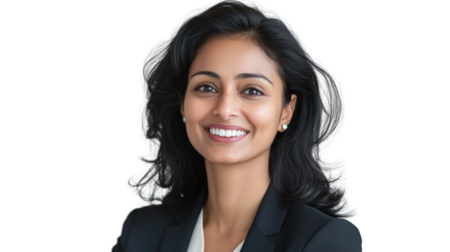 A confident businesswoman with a warm smile, exuding professionalism and approachability in a corporate setting, perfect for any professional context.