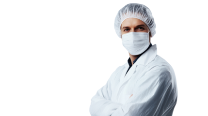 A confident healthcare professional in a lab coat, hairnet, and mask, symbolizing dedication and safety in the medical field.