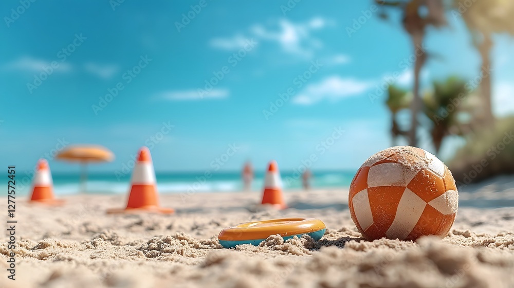 Poster photograph of a beach game setup with cones marking the playing field and a lying on the warm sand w