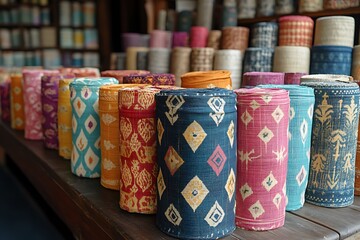 Colorful patterned fabric rolls displayed in a vibrant shop, showcasing textile designs and textures