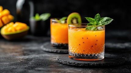 Vibrant fruit cocktails garnished with mint and kiwi slices.