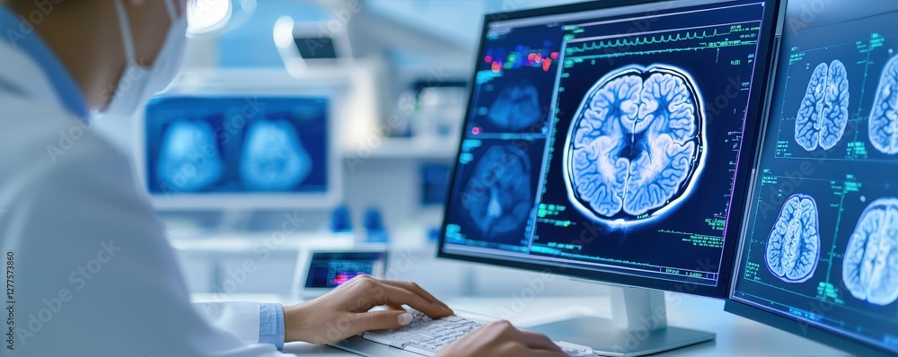 Poster a medical professional analyzes brain scans on multiple monitors in a high-tech environment focused 