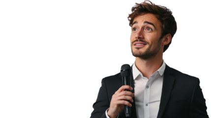 A confident speaker holds a microphone, engaging an audience with a charismatic smile and strong presence during a presentation or event.