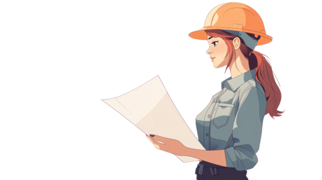A confident woman in a hard hat reviews construction plans, showcasing her expertise in the building industry and commitment to safety and precision.