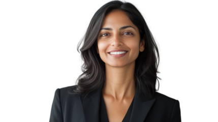 A confident woman in professional attire smiles warmly, showcasing her poise and approachability for business and lifestyle contexts.