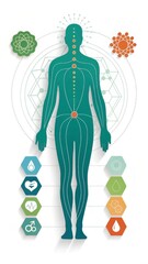 A stylized human body silhouette with medical icons and network connections representing health diagnostics wellness and holistic medicine  

