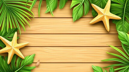 Tropical leaves, wooden planks, starfish. Summer background design. Possible use greeting card