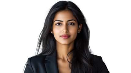 A confident young businesswoman poses professionally, showcasing her determination and ambition in a sleek black blazer against a neutral background.