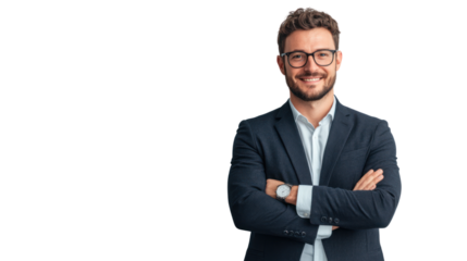 A confident young man in a suit and glasses standing with crossed arms, exuding professionalism and approachability in a modern business environment.