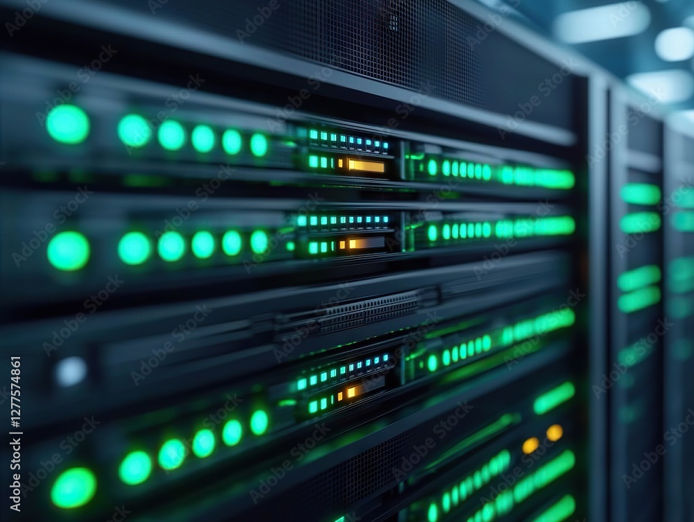 Poster data center operations technology infrastructure server management digital environment close-up view