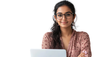 A confident young woman in glasses smiles while working on her laptop. She embodies professionalism and modern work-life balance in a vibrant workspace.