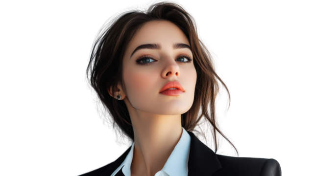 A confident young woman in elegant attire poses with a captivating gaze, showcasing modern professional style and self-assurance.