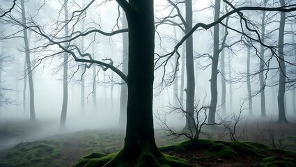 Nordic-Inspired Mystical Forest Wallpaper in Shades of Grey and Green