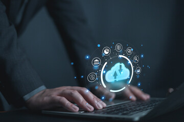 Backup database storage cloud compputing technology, Data storage and file data transfer sharing concept, Cloud computing icon showing on the virtual screen, big data